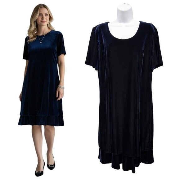 Molly Malloy Dresses & Skirts - Vintage 90s Velvet Dress 16 Deep Blue Midi Tiered Flutter Sleeve Goth Holiday